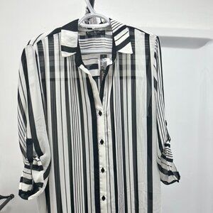Black & White Striped Sheer Button-Down Blouse, Women's Size XL